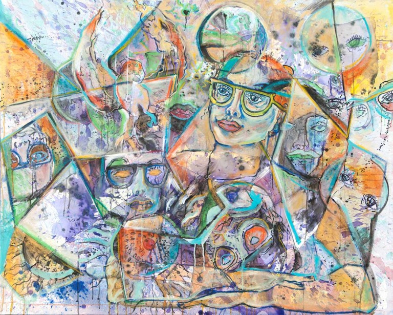 "Keep it Surreal #2" 48 in. X 60 in. Mixed media on canvas. Portrait of artist Jacqui Sommerman.