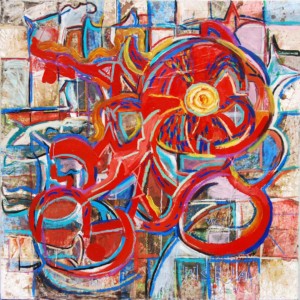 "Sunflower" painting. 48 in. X 48 in. Mixed media collage on canvas. Created in 2013. Currently sits in a private collection in Plano, Texas. Bold red tones with blue highlights.