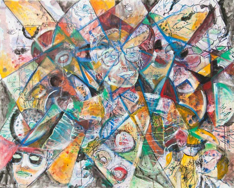 "Keep it Surreal #1" 48 in. X 60 in. Mixed media on canvas. Portrait of artist Jacqui Sommerman.
