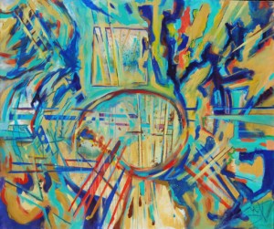 "Blue Guitar Riot" 72 in. X 60 in. Mixed media on canvas. Primarily acrylic with some oil pastel highlights. This is available for sale.