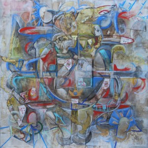 "Road to Rhodes" 48 in. X 48 in. Mixed media collage on canvas. Created in 2012. This painting was commissioned and sold to a private collector. Lighter toned colors with highlights of red and blues.