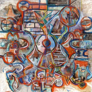 "Navigating-Naismith" 36 in. X 36 in. Mixed media collage on canvas 2010. sold to a private collector.