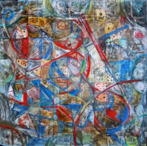 Puzzles and games. 48 in. x 48 in. mixed media collage on canvas sold to a private collector as a commission.