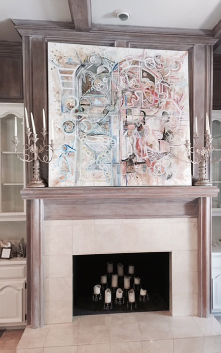 "Sentience" mixed media collage painting hanging above the fireplace of the current owner.