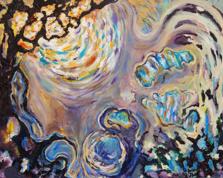 title: "Under the Angel Oak" 60 in. X 72 in. Acrylic on canvas. Painted in 2011. Art commission sold to the client. purples, yellows, and turquoises.