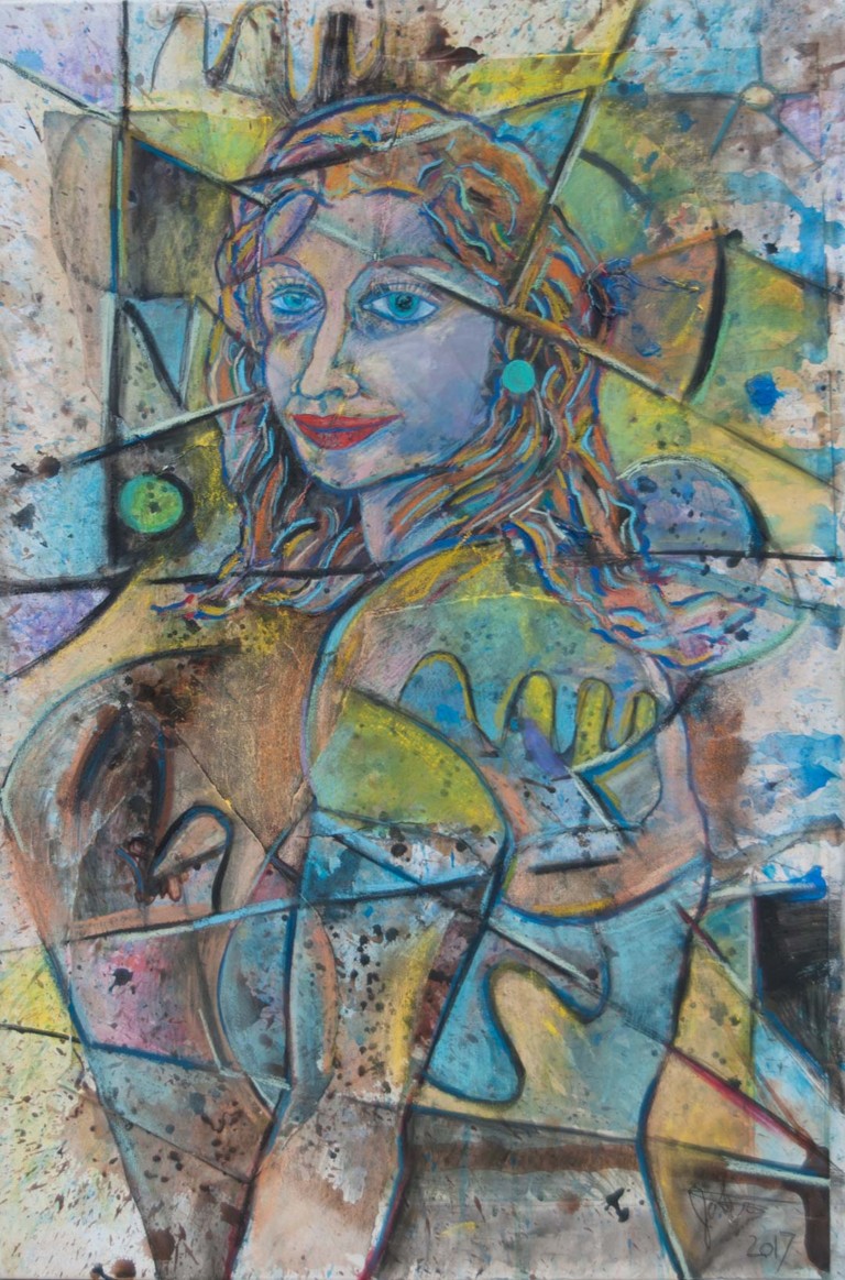 "A moment of Calm"24 in. X 36 in. Mixed media collage on canvas 2017. Abstract portrait of Kalynda Sanford. This art is available for sale.