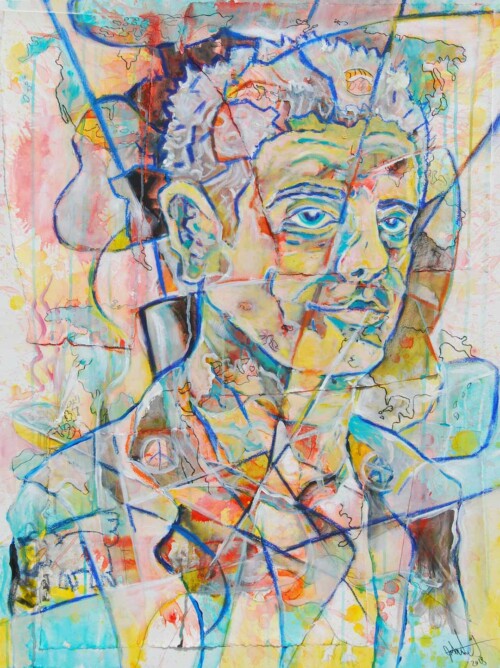 Mixed media painting of Anthony Bourdain. Created in 2018 as a memorial following his death. Mixed media collage on canvas with an emphasis on oil painting for the subtle whiter colors. 40 in. X 30 in. This painting is available for sale.