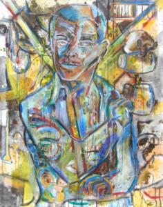 "Portrait of Fela Kuti" Abstract mixed media on canvas by American artist Jason Stallings from 2022.
