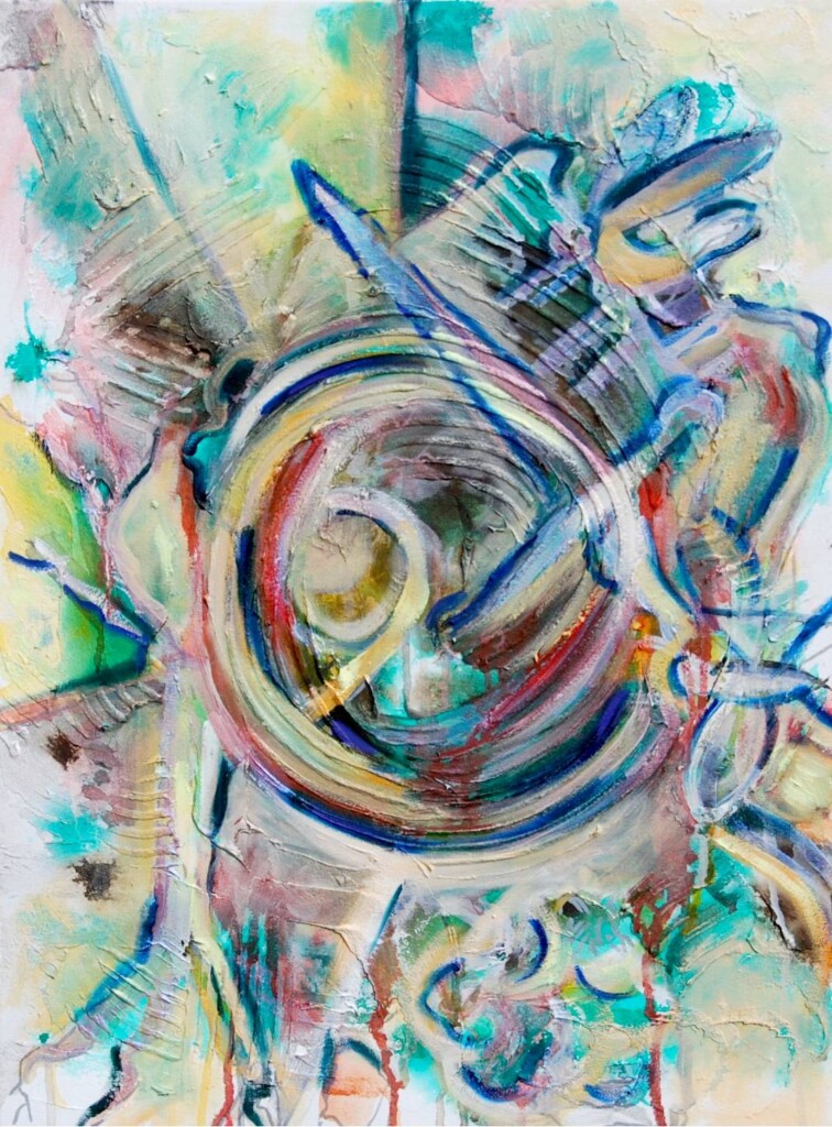 "Generosity and Chivalry" Abstract mixed media painting by artist Jason Stallings 24 in. X 18 in. from 2022. Lighter color pallet with hints of blue, yellow, and green.