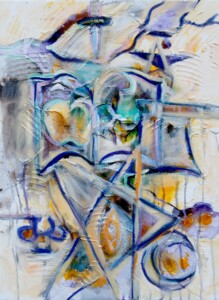 "The Green Knight" Abstract mixed media painting by artist Jason Stallings 24 in. X 18 in. from 2022. Lighter color pallet with hints of violet, blue, yellow, and green