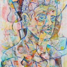 "Tony Bourdain" 40 in. x 30 in. from 2017. Mixed media collage. abstract portrait on canvas.