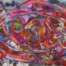 "Fun Du Monde" Mixed media collage on canvas by Dallas artist Jason Stallings 24 in. X 48 in. Darker hues of reds, violet, oranges, and browns.