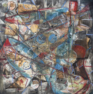 A photo of the mixed media collage painting "Can You See me" by American artist Jason Stallings from 2007. 48 in. x 48 in.